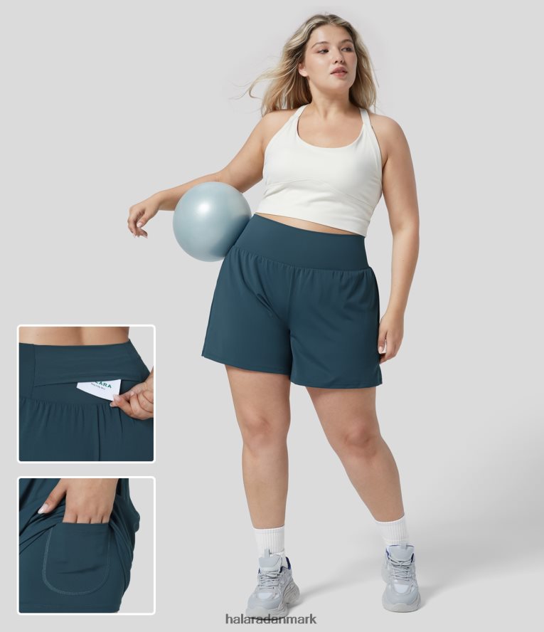 aktivt tøj dk Halara Kvinder super højtaljet baglomme og skjult sidelomme 2-i-1 yoga plus size shorts 5'' længere længde majolica blå TH606J2125