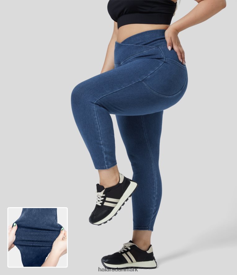 tøj dk Halara Kvinder magisk crossover sidelomme vasket stretchy strik denim arbejde plus size leggings søblå denim TH606J1315