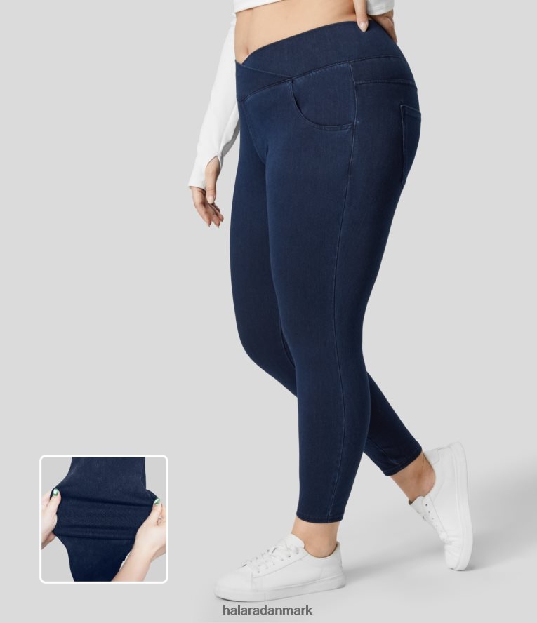 tøj dk Halara Kvinder magisk højtaljede crossover flere lommer stretchy strik denim 7/8 plus size arbejdsleggings vasket denim marineblå TH606J1316