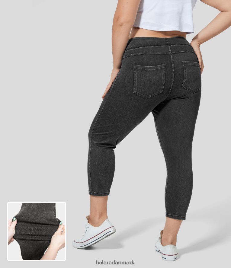 tøj dk Halara Kvinder magisk højtaljet baglomme i stretchy strik denim capri plus størrelse afslappede leggings denim sort TH606J1319