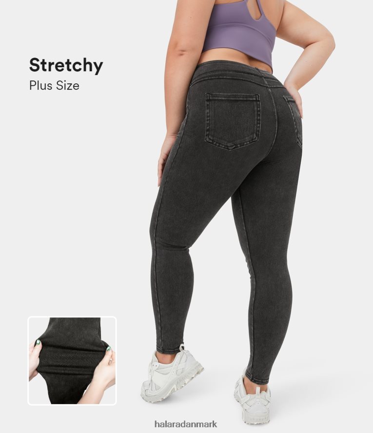 tøj dk Halara Kvinder magiske højtaljede baglomme i stretchy strik denim plus størrelse afslappede leggings mørkegrå denim TH606J108