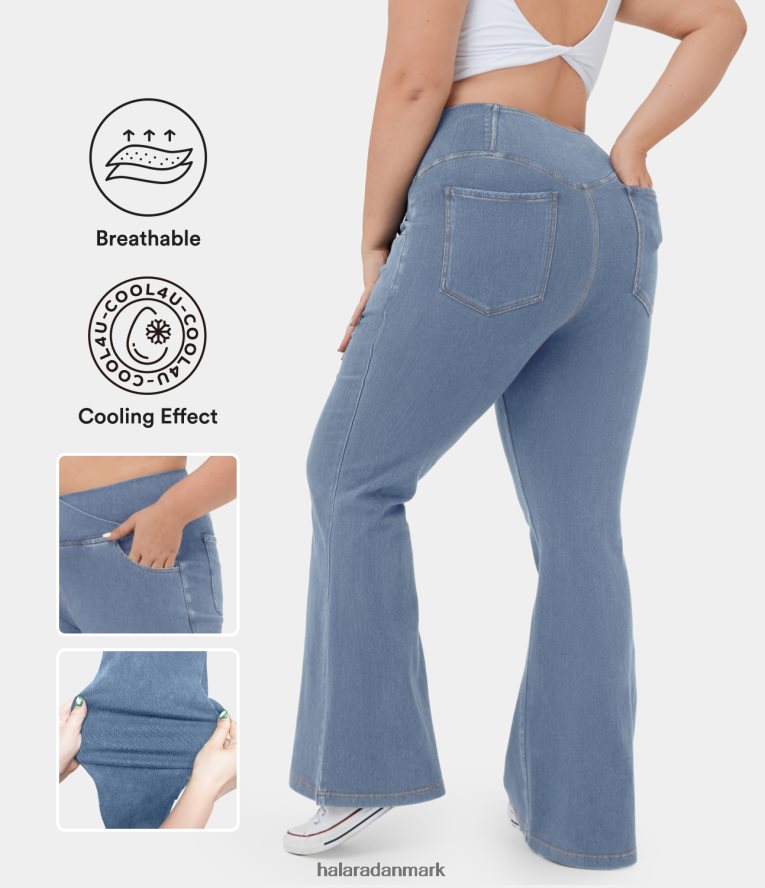 tøj dk Halara Kvinder magisk højtaljet crossover lomme cool touch åndbar vasket stretchy strik plus størrelse afslappede super flare jeans vasket denim lyseblå TH606J327