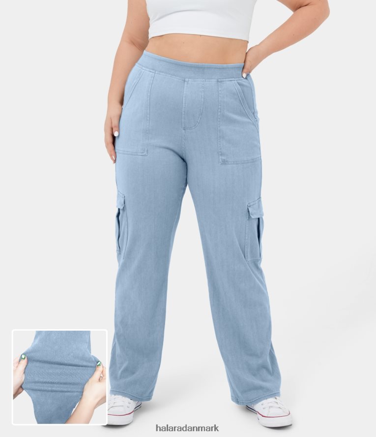 tøj dk Halara Kvinder magisk mellemhøjde flere lommer stretchy strik lige ben plus størrelse casual cargo jeans vasket denim lyseblå TH606J235