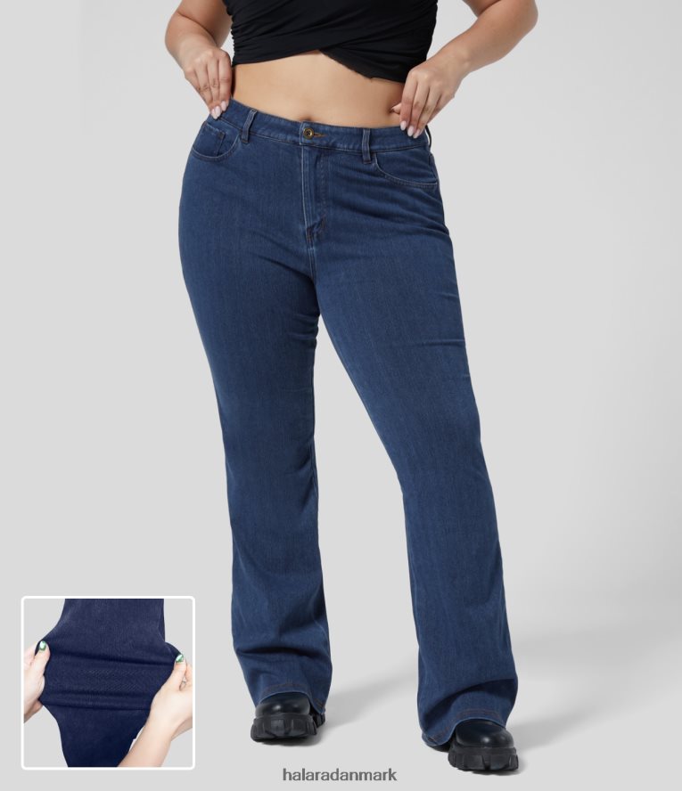 tøj dk Halara Kvinder magiske mellemhøjde knaplommer stretchy strik afslappet let flare plus size jeans søblå denim TH606J1501