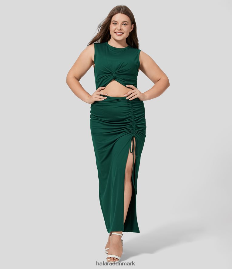 tøj dk Halara Kvinder rund hals med snoet udskæring rynket snor med splitsøm bodycon midi casual plus size kjole regnskov TH606J1097