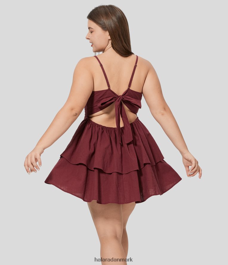 tøj dk Halara Kvinder rygløs justerbar rem med bindebånd bagpå lagdelt flæse flydende slip mini afslappet bomuld plus size kjole granatæble TH606J1255