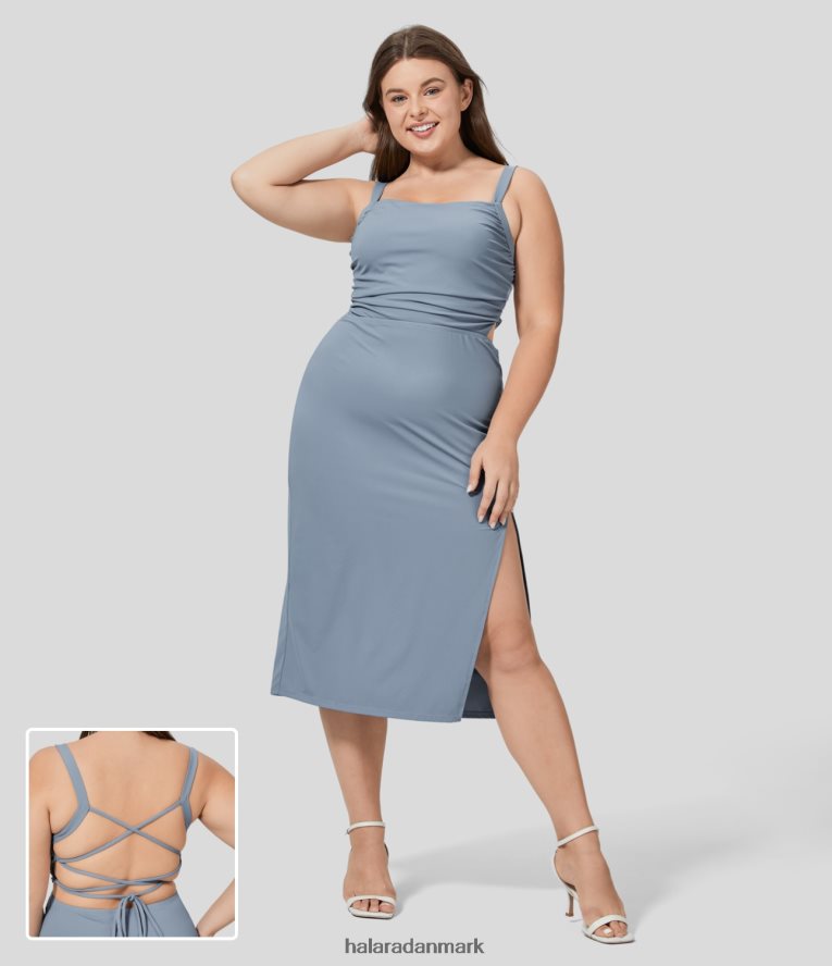 tøj dk Halara Kvinder rynket delt rygløs på kryds og tværs snørebånd bodycon midi casual plus size kjole snefnug blå TH606J1083