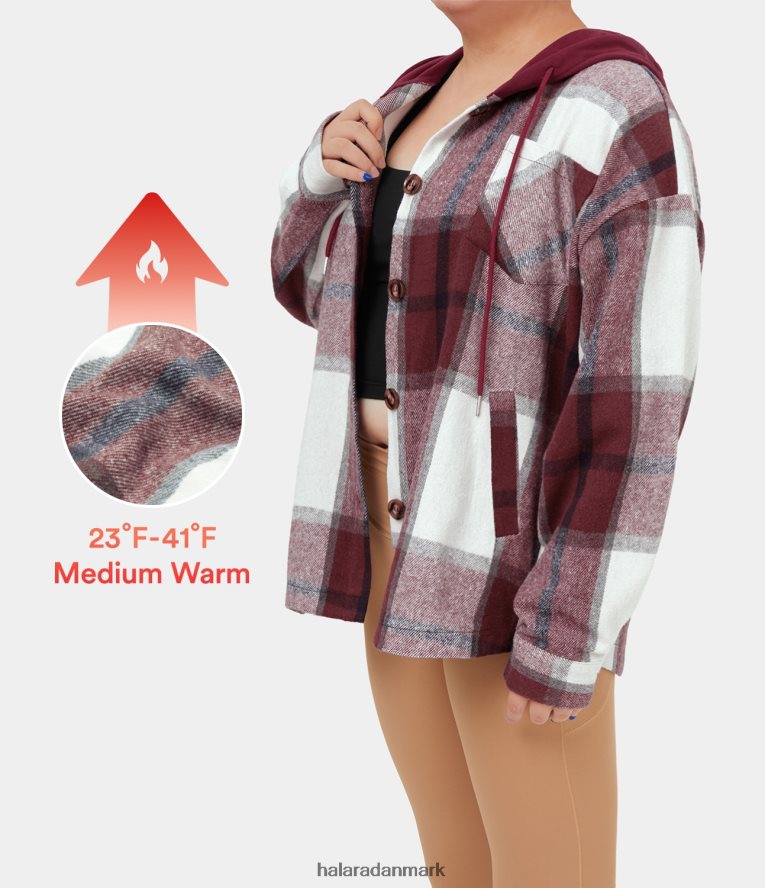 tøj dk Halara Kvinder hætte med snøre og knap i sidelomme plaid fleece plus size casual jakke rød grå plaid TH606J2147