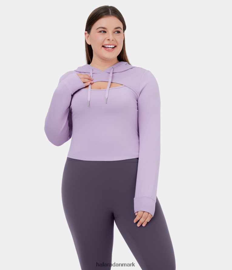 tøj dk Halara Kvinder snøre med hætte udskåret plus size cropped casual hættetrøje sweatshirt tåget lilla TH606J1961