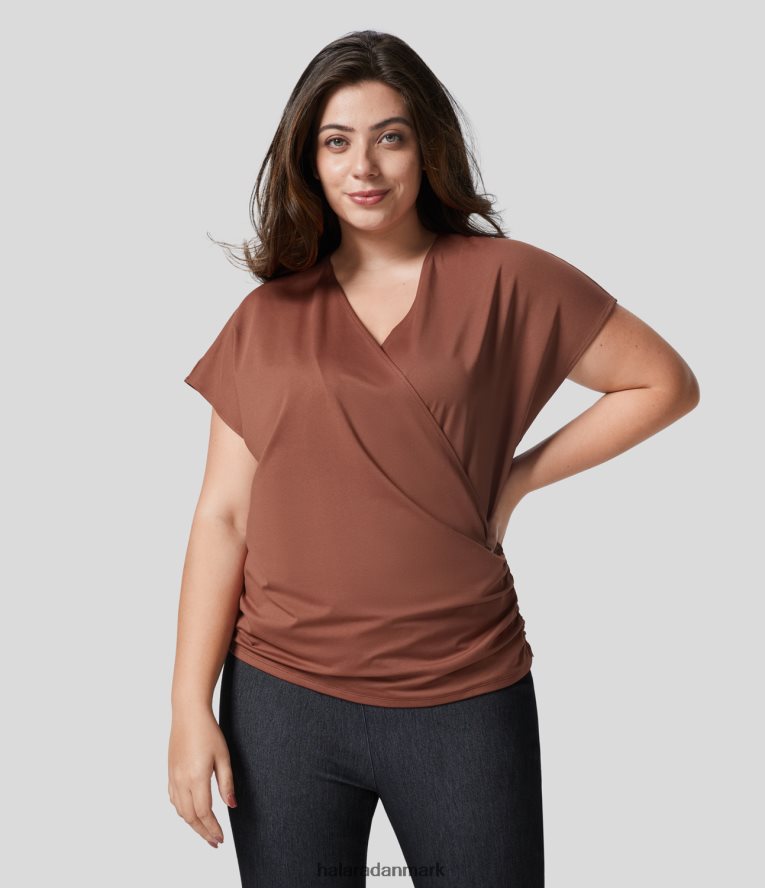 tøj dk Halara Kvinder v-hals ærmer crossover ruched solid work plus size bluse ahornsirup TH606J2144