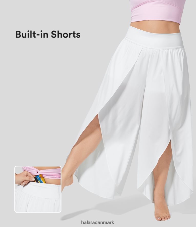 bunde dk Halara Kvinder Breezeful højtaljet baglomme i linningen palazzo flydende split brede ben 2-i-1 hurtigtørrende afslappede plus size bukser hvid TH606J2142