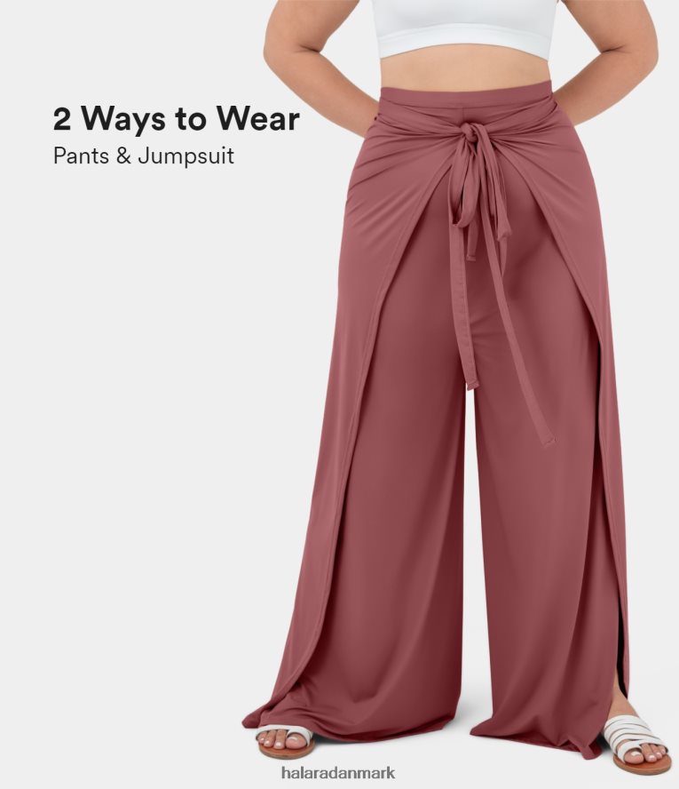 bunde dk Halara Kvinder højtaljede slips foran splitsøm palazzo brede ben flowy casual plus size bukser lys rosa rød TH606J2132