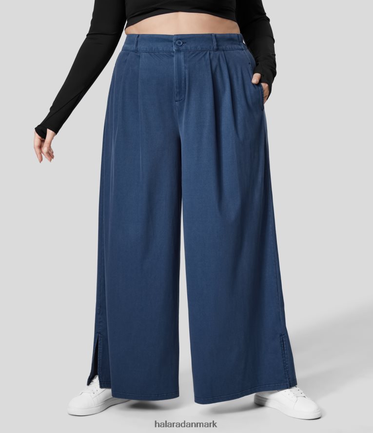 bunde dk Halara Kvinder højtaljet knap lynlås plikeret sidelomme splitsøm brede ben casual plus size bukser indigo blå denim TH606J2139