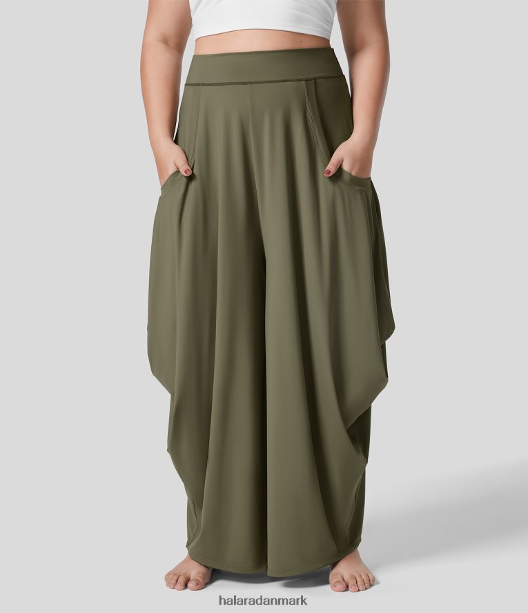 bunde dk Halara Kvinder mellemhøje flere lommer draperet brede ben casual plus size bukser visne grøn TH606J2134
