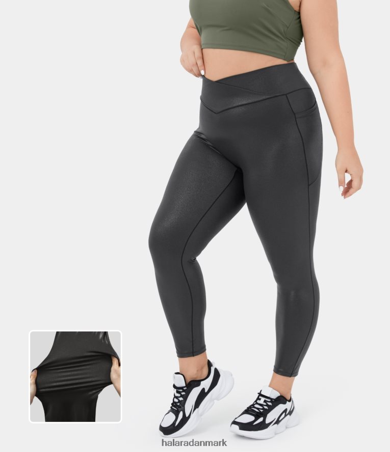 bunde dk Halara Kvinder softlyzero imiteret læder crossover lomme folieprint stretchy yoga 7/8 plus size leggings skinnende skumringssort TH606J1523