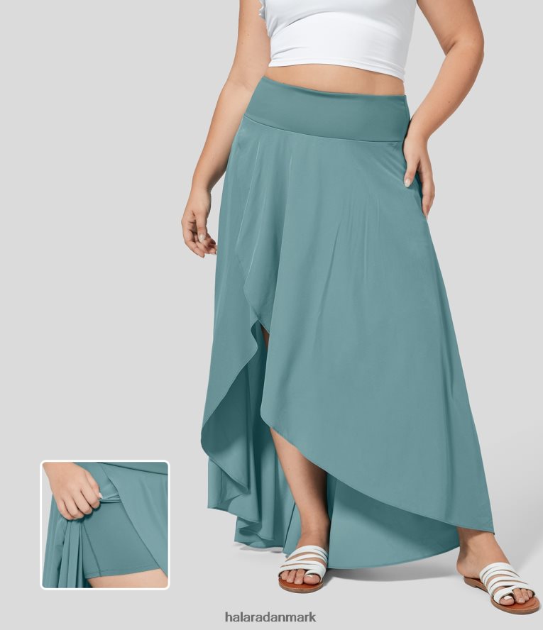 bunde dk Halara Kvinder Breezeful højtaljet høj lav flæse 2-i-1 flydende midi hurtigtørrende afslappet plus size nederdel mineralblå TH606J765