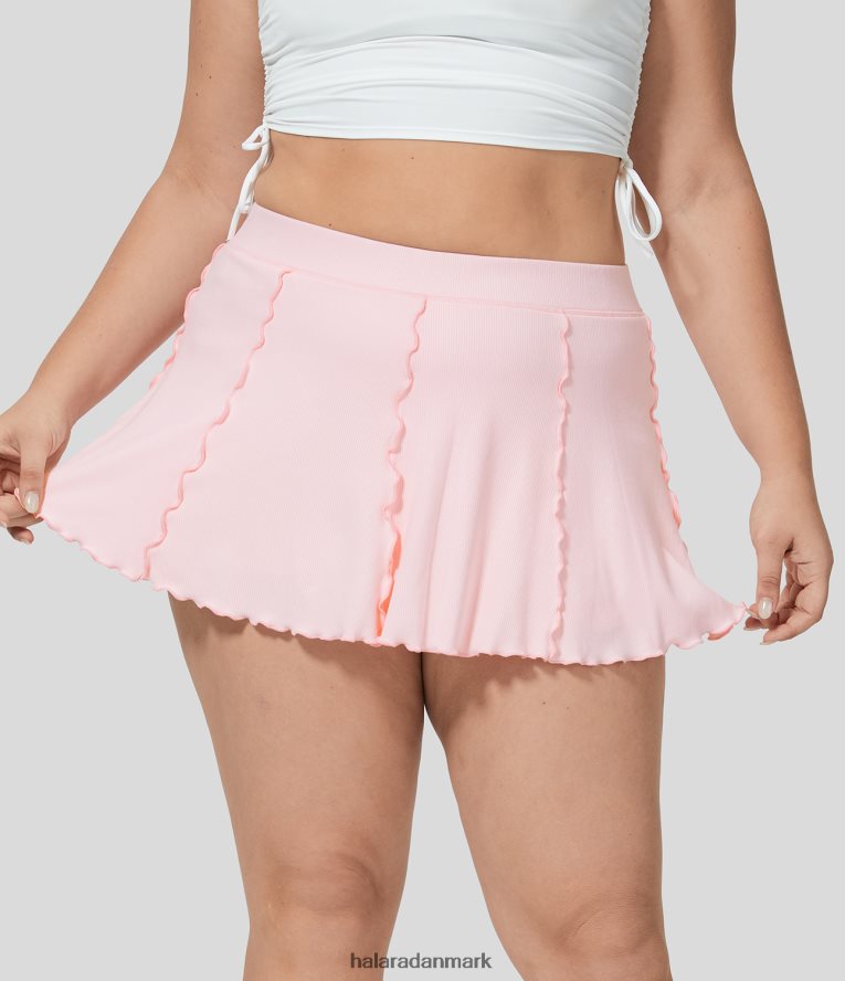 bunde dk Halara Kvinder ribstrikket højtaljet kontraststrikket flæse 2-i-1 sidelomme mini tennis plus størrelse nederdel rose dis pink TH606J689