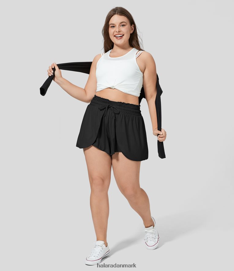 bunde dk Halara Kvinder flæse højtaljet elastisk linning snoretræk flydende stablet afslappet plus size shorts sort TH606J1269
