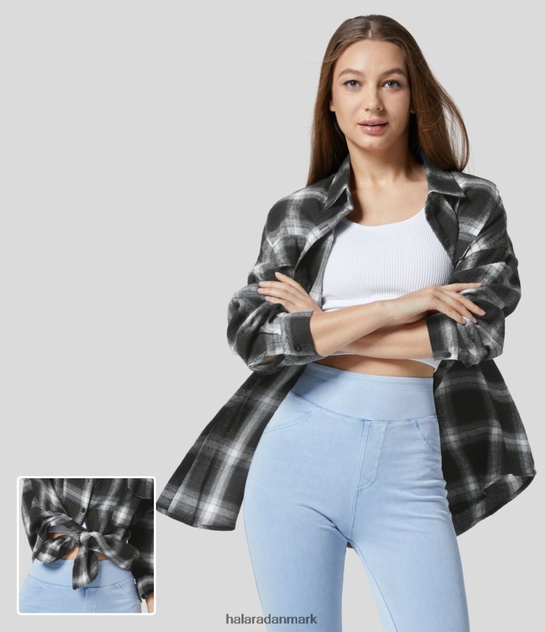 tøj dk Halara Kvinder Krave, flaplomme knap foran buet kant plaid casual skjorte sort grå plaid TH606J1645