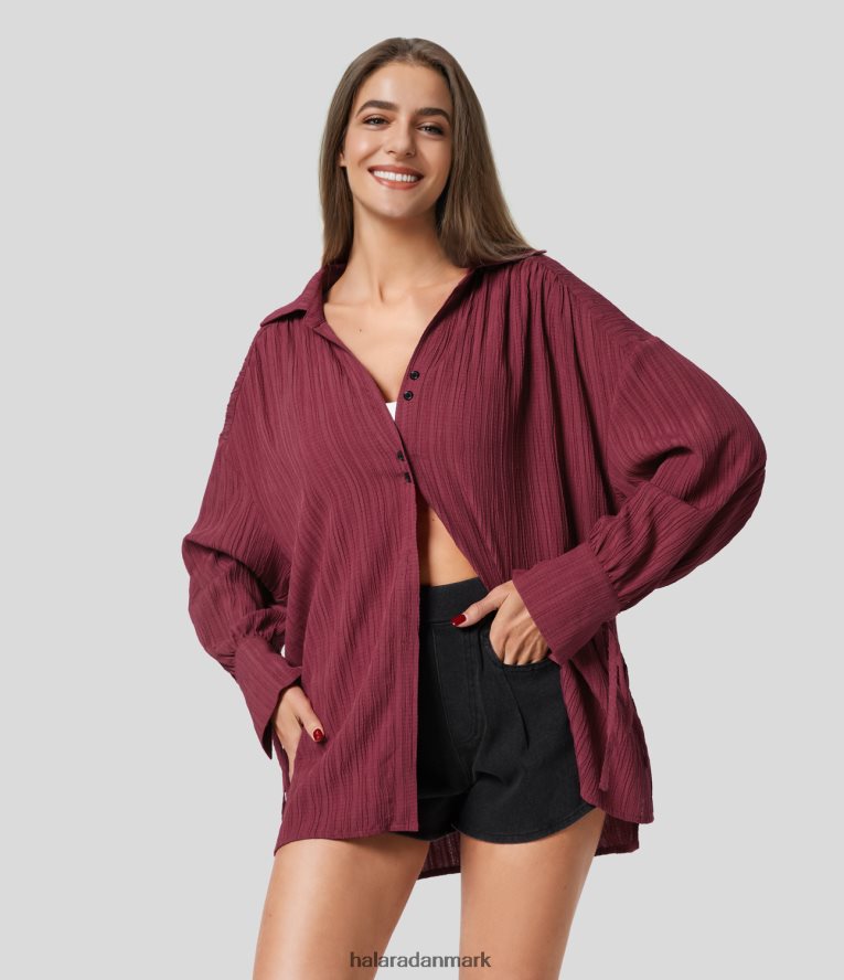 tøj dk Halara Kvinder Krave knude manchet plet bagpå knap foran oversize casual skjorte syrah TH606J1633