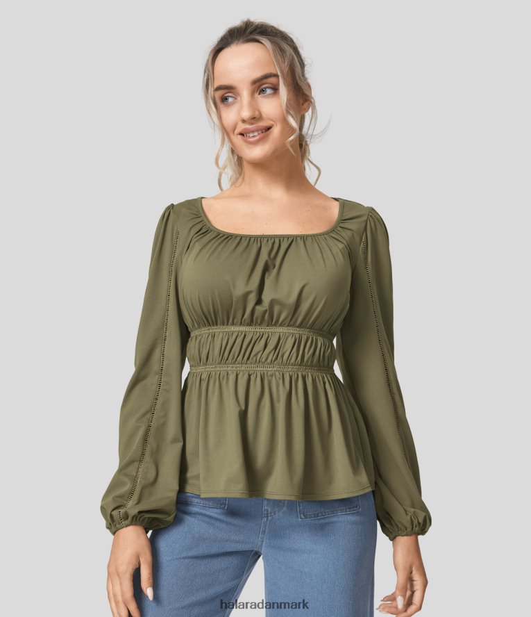 tøj dk Halara Kvinder biskopærmet med scoop-hals udskåret flettet flæsekant afslappet bluse kapulet oliven TH606J1665