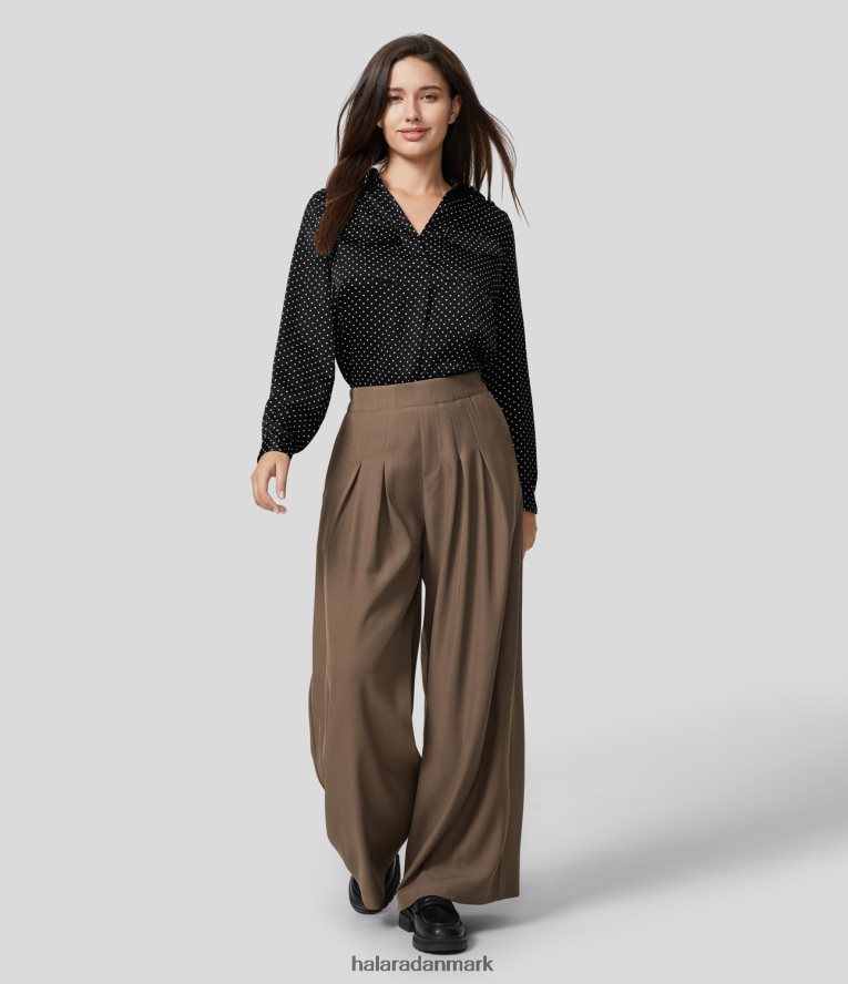 tøj dk Halara Kvinder brystlomme med krave og langærmet polkaprikket arbejdsskjorte sorte prikker TH606J1661