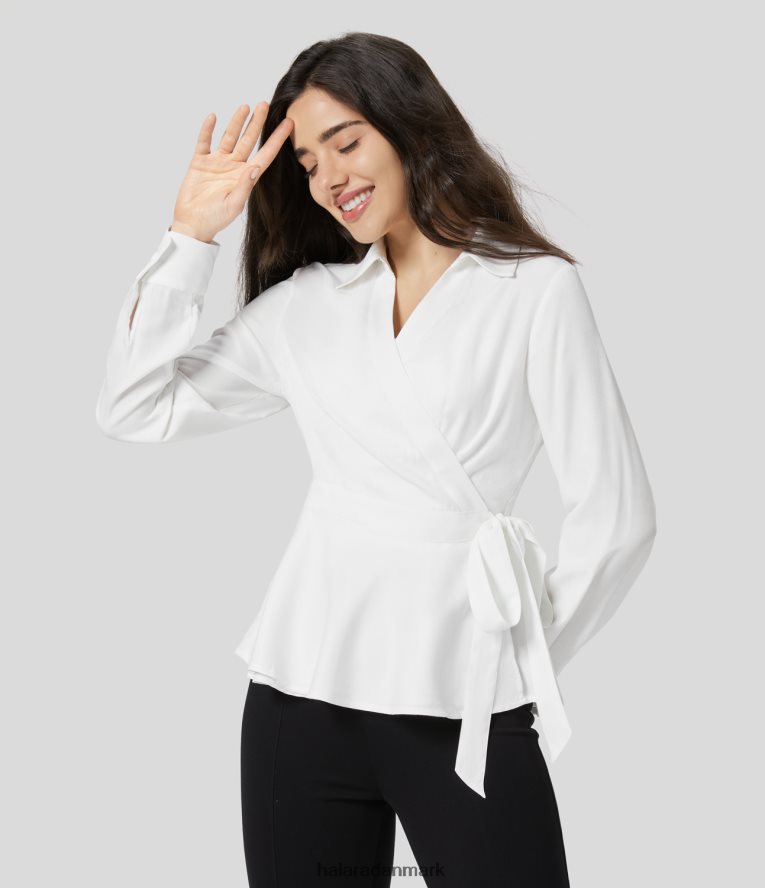 tøj dk Halara Kvinder med krave omviklet bindebånd i siden med langærmet flæsekant afslappet skjorte hvid TH606J1656