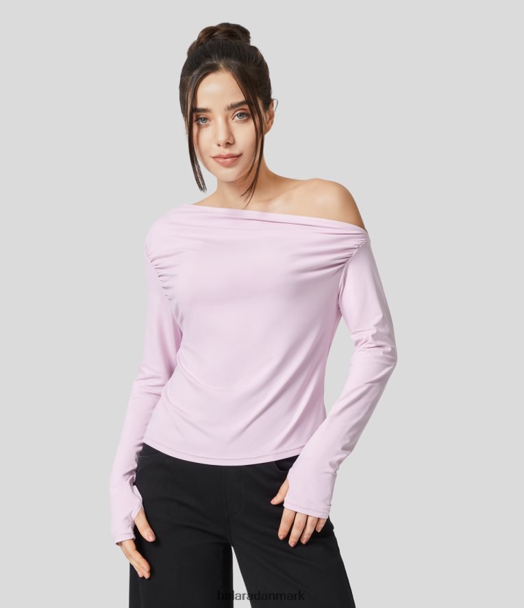 tøj dk Halara Kvinder off shoulder afslappet bluse med ruched tommelfingerhul festival blomstrer TH606J1641