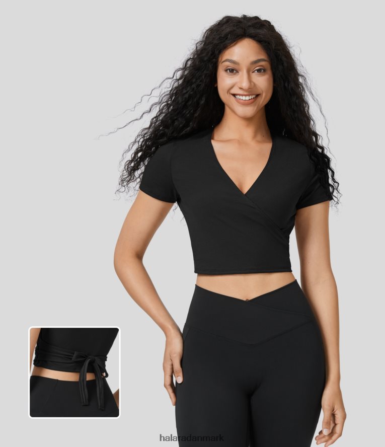 tøj dk Halara Kvinder v-hals kortærmet omviklet tie back cropped casual bluse sort TH606J1632