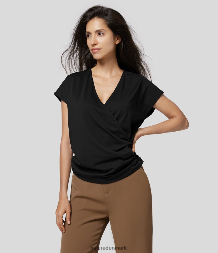 tøj dk Halara Kvinder v-halsærmer med krydset ruched solid arbejdsbluse sort TH606J1623