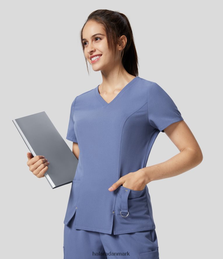 tøj dk Halara Kvinder v-hals sidelomme spænde nøglering split søm arbejdsbluse original TH606J1660