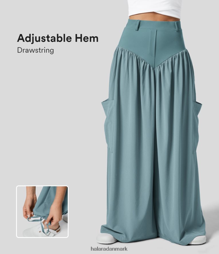 tøj dk Halara Kvinder Breezeful højtaljede pleterede flere lommer justerbar snøre forneden brede ben hurtigtørrende afslappede lanternebukser sten blå TH606J208