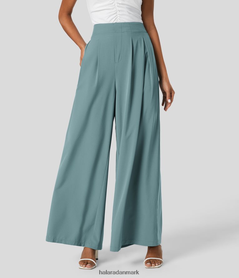 tøj dk Halara Kvinder Breezeful højtaljet plet sidelomme rynket brede ben flydende solid palazzo hurtigtørre afslappede bukser sten blå TH606J154