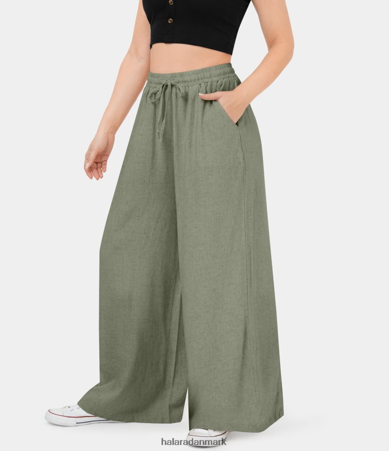 tøj dk Halara Kvinder elastisk linning med snøre i sidelomme med brede ben afslappede bomuldsbukser mørkegrå grøn TH606J215