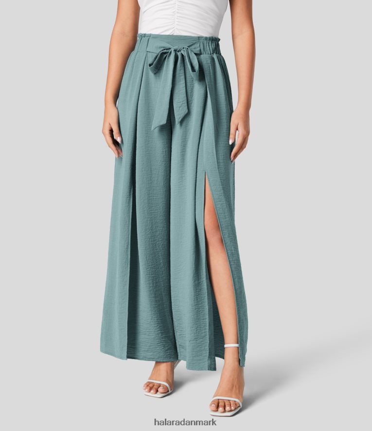 tøj dk Halara Kvinder højtaljede bindebånd foran, flettede brede ben, flydende palazzo afslappede bukser morgenduggrøn TH606J161