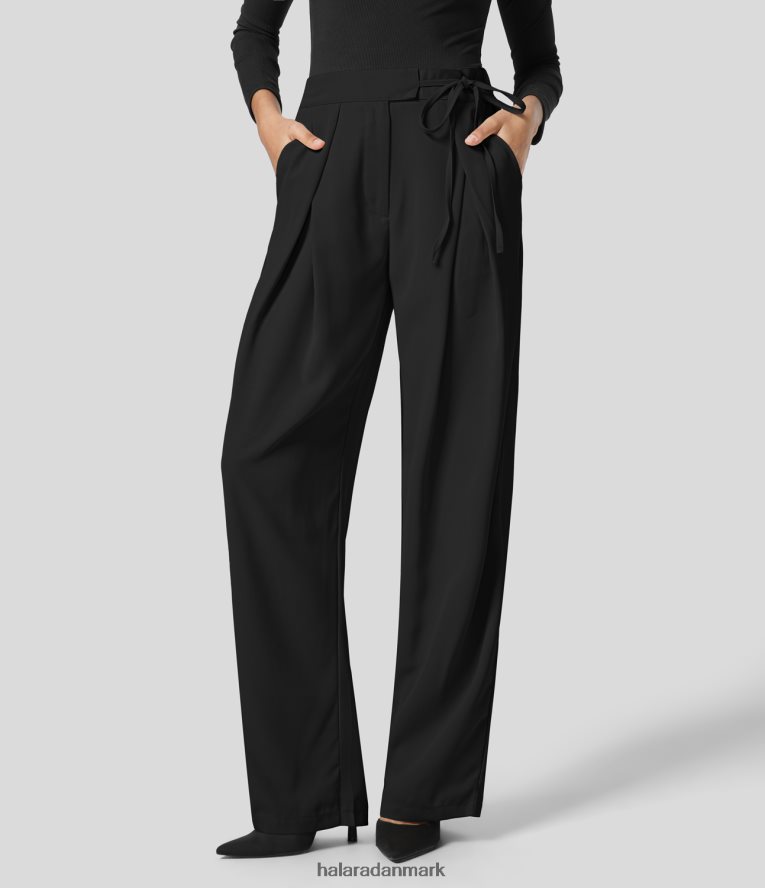 tøj dk Halara Kvinder højtaljede bindebukser i sidelomme med lige ben sort TH606J433