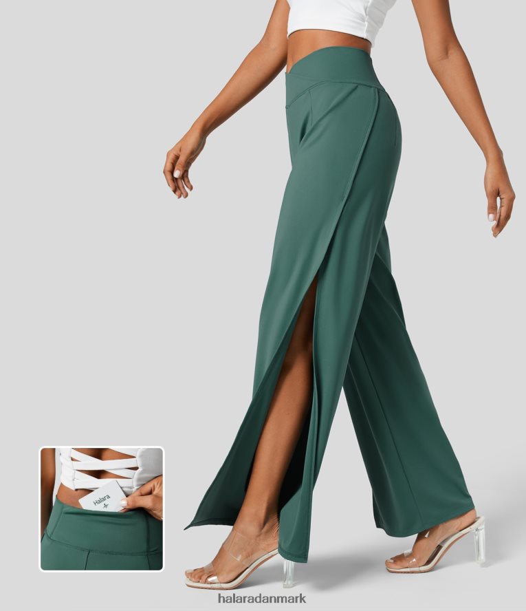 tøj dk Halara Kvinder højtaljede crossover baglomme afslappede bukser med split-brede ben blågran TH606J148