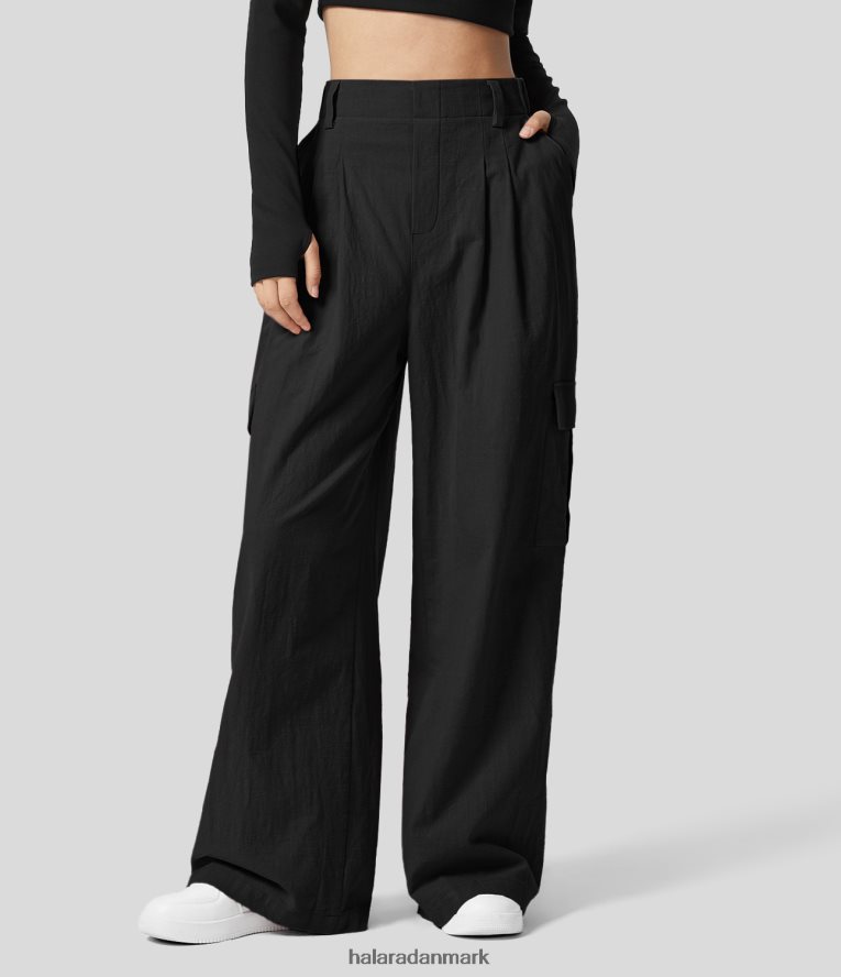 tøj dk Halara Kvinder højtaljede, flettede flere lommer brede ben flydende solide palazzo afslappede bomuldsbukser sort TH606J185
