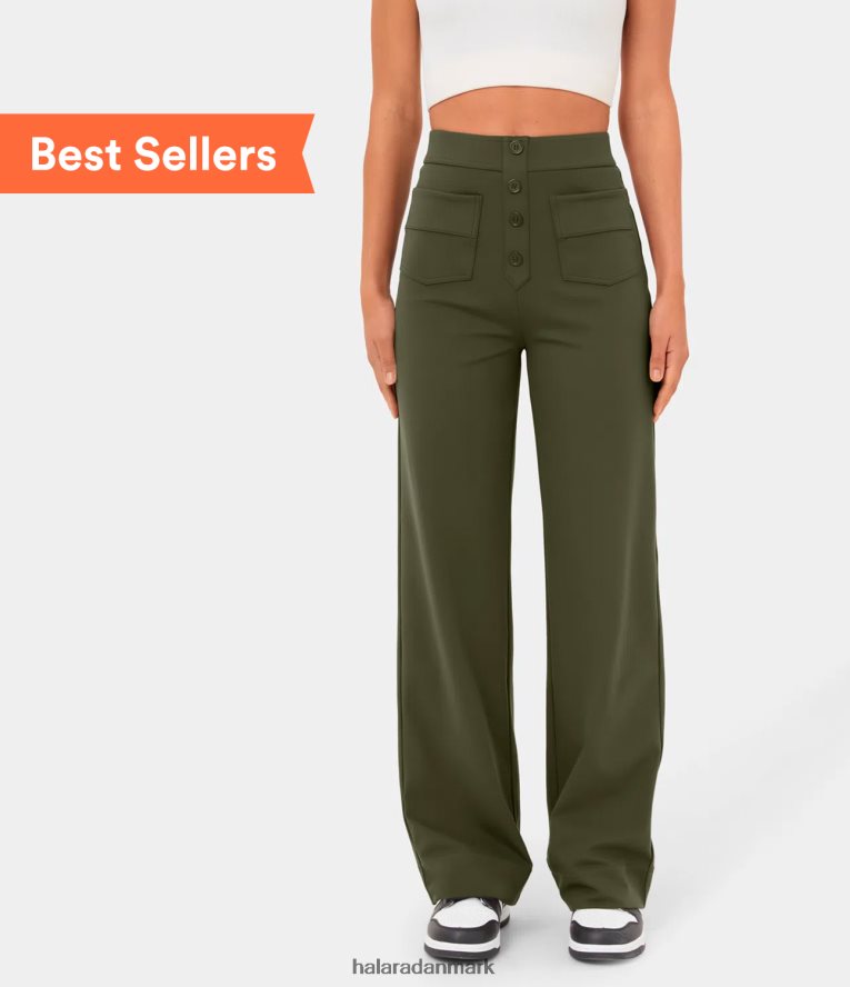 tøj dk Halara Kvinder højtaljede knap flere lommer afslappede bukser med lige ben skovnat TH606J444