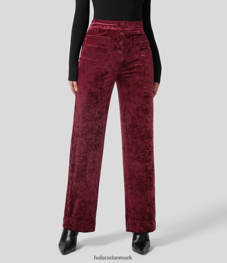 tøj dk Halara Kvinder højtaljede knap flere lommer lige ben fløjl casual bukser bordeaux TH606J463