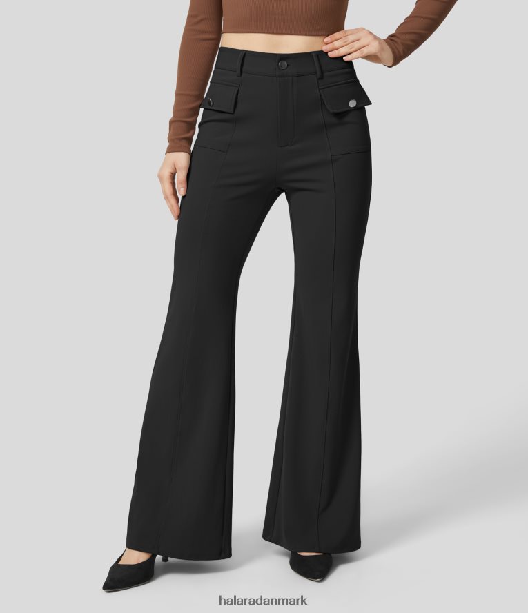 tøj dk Halara Kvinder højtaljede knap lynlås flap lomme arbejdsbukser med flare sort TH606J381