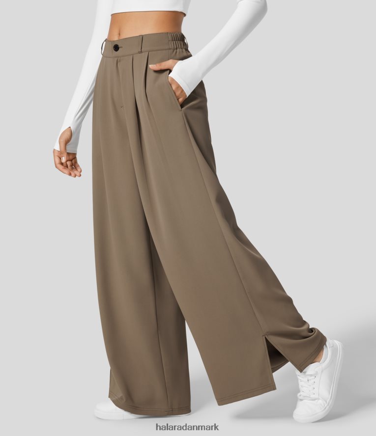 tøj dk Halara Kvinder højtaljede knap lynlås plikeret sidelomme splitsøm arbejdsbukser med brede ben sepia farvetone TH606J147