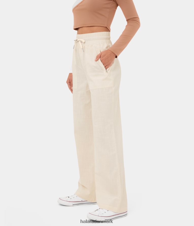 tøj dk Halara Kvinder højtaljede lynlåslomme i siden med brede ben afslappede bomuldsbukser vaniljeis TH606J470