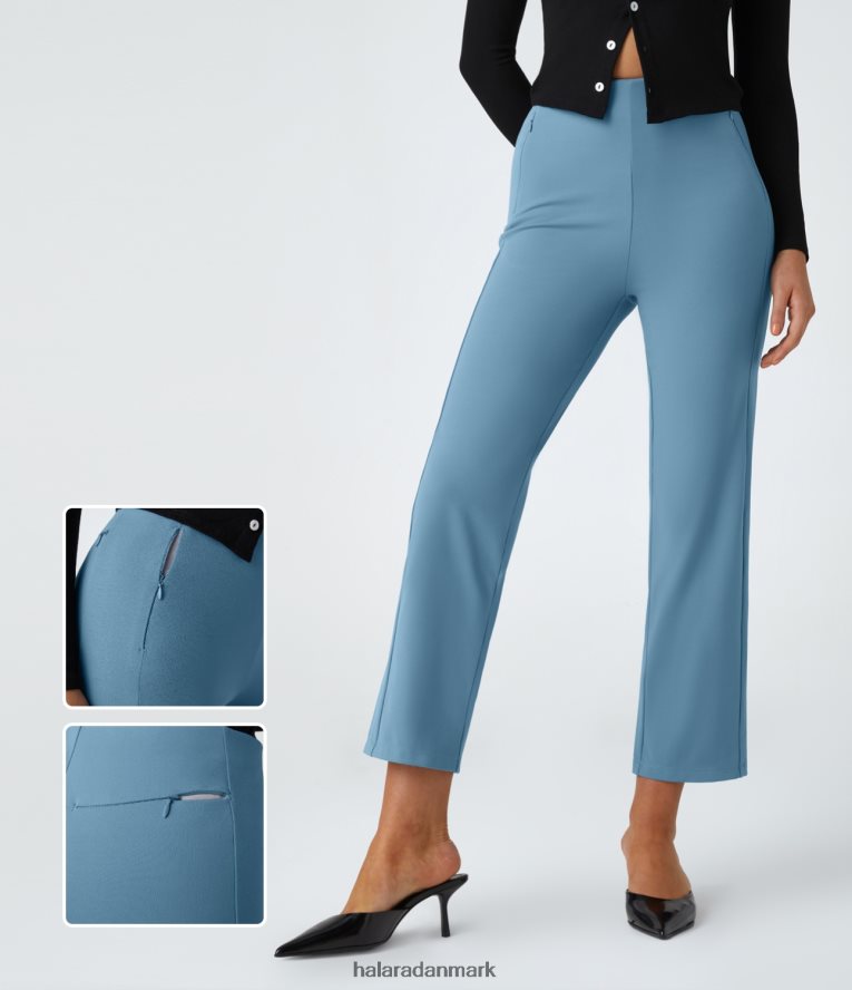 tøj dk Halara Kvinder højtaljede lynlåslommer slanke arbejdsbukser med lige ben lys azurblå TH606J441