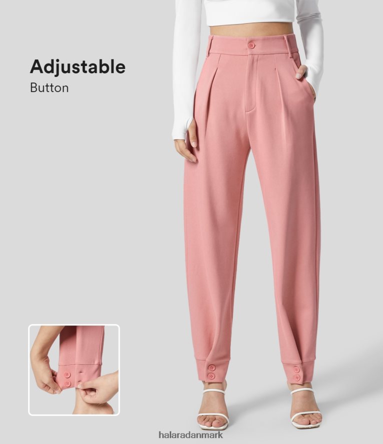 tøj dk Halara Kvinder højtaljede sidelomme med justerbar knapsøm arbejde tilspidsede bukser ferskenblomst lyserød TH606J402