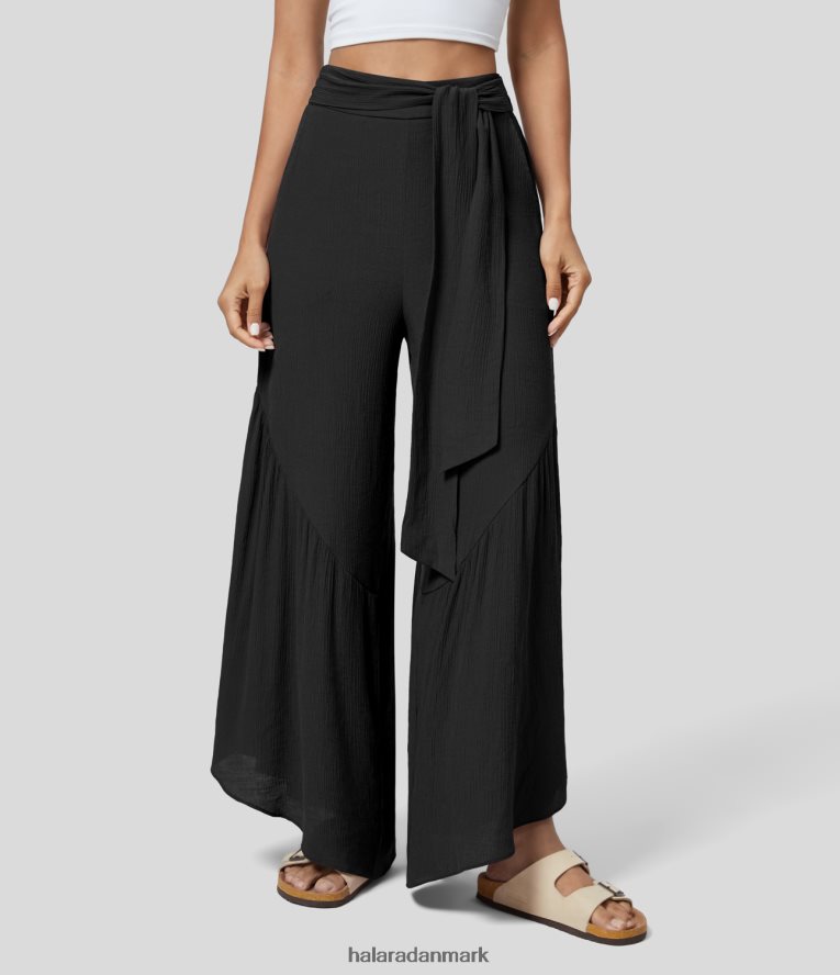 tøj dk Halara Kvinder højtaljede slips foran lynlås sidelomme brede ben flowy afslappet bukser sort TH606J172
