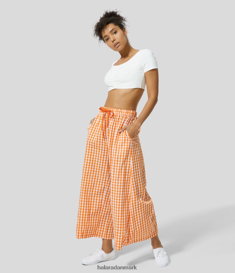 tøj dk Halara Kvinder højtaljede snøre i sidelomme Gingham brede ben afslappede bomuldsbukser orange hvid gingham TH606J130