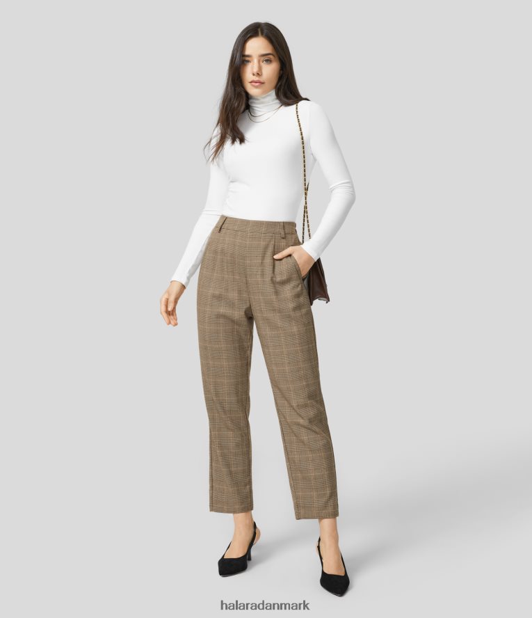 tøj dk Halara Kvinder højtaljede usynlig lynlås-sidelomme med lige ben houndstooth arbejdsbukser kaki hundestød TH606J419