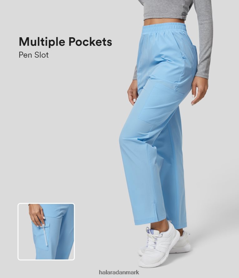 tøj dk Halara Kvinder højtaljet elastisk linning flere lommer med splitsøm solide arbejdsbukser azurblå himmel TH606J438