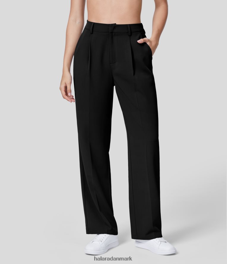 tøj dk Halara Kvinder højtaljet elastisk sidelomme med solide arbejdsbukser med lige ben sort TH606J415